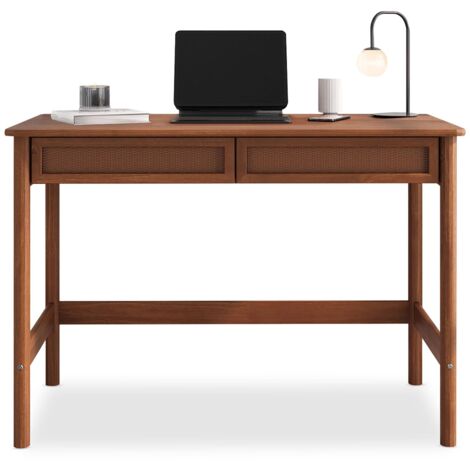 Idimex – Bureau droit en pin massif châtaignier – 2 tiroirs design en rotin tressé – Dimensions 76 x 110 x 54 cm (H x L x P)