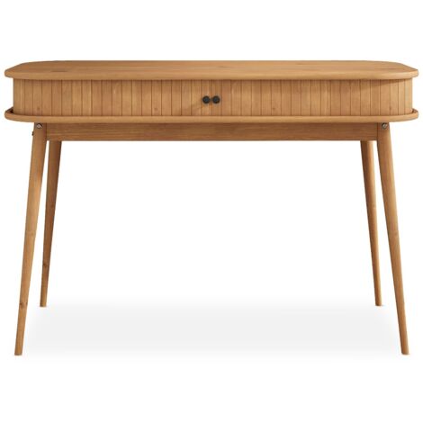 Idimex – Bureau droit JARI en pin massif chêne – Porte coulissante – Grand espace de rangement – Pieds coniques 40mm – Dimensions 75x113x50cm