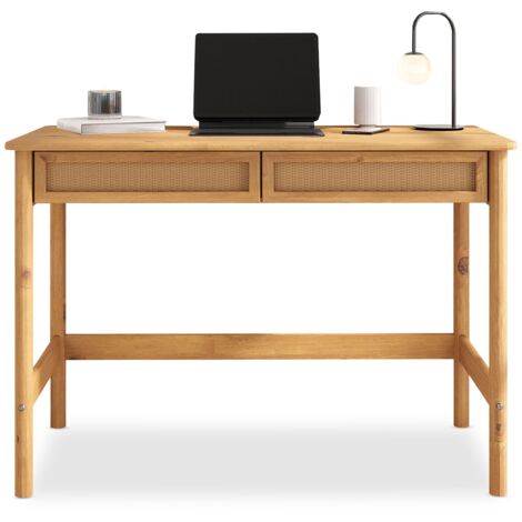 Idimex – Bureau droit en pin massif chêne – 2 tiroirs spacieux – Façade en rotin tressé – Dimensions 76 x 110 x 54 cm (H x L x P)