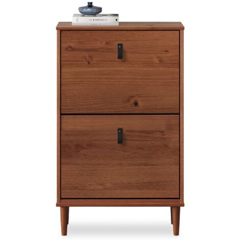 Idimex – Meuble à chaussures compact en pin massif châtaignier – 2 abattants pour 10 paires – Dimensions 96x59x25 cm – Poignées en cuir vintage (1/5)