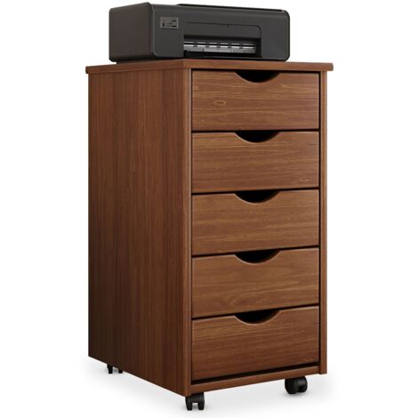 Idimex – Caisson de bureau 5 tiroirs en pin massif – Dimensions 65 x 35 x 40 cm – Couleur châtaigne – Sur roulettes pour rangement facile