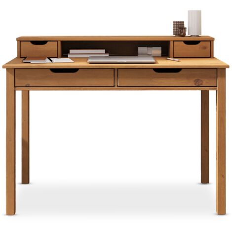 Idimex – Bureau droit en pin massif chêne – 2 grands tiroirs – 2 petits tiroirs – Niche ouverte – Plateau surélevé pour écran – Dimensions 87x114x54cm