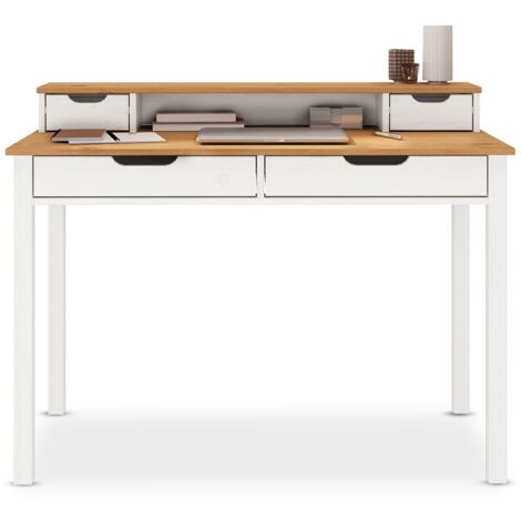 Idimex – Bureau droit en bois massif chêne/blanc – 2 grands tiroirs – Plateau surélevé pour écran – Dimensions 87x114x54 cm