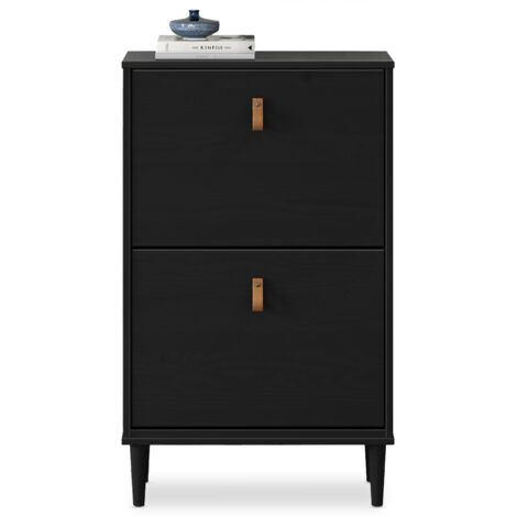 Idimex – Meuble à chaussures noir en bois massif – Capacité jusqu'à 10 paires – Poignées en cuir vintage – Format compact pour petits espaces (1/5)