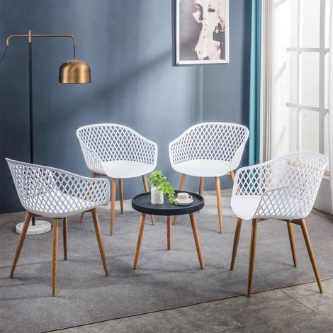 Lot de 4 chaises MADEIRA pour salle à manger ou cuisine au design retro avec accoudoirs, coque plastique blanc et 4 pieds décor bois
