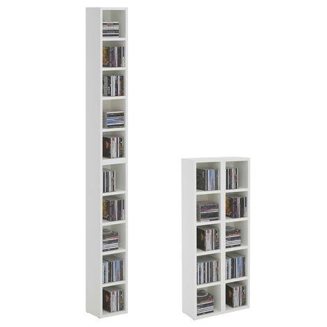 Etagères modulables MUSIQUE pour CD et DVD, lot de 2 meubles de rangement en colonne avec 10 compartiments, en mélaminé blanc mat