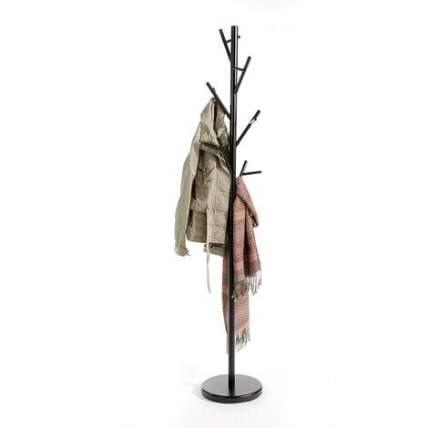 Porte-manteaux ZENO portant à vêtements sur pied en forme d'arbre avec 6 crochets sur différentes hauteurs, en métal laqué noir - Noir