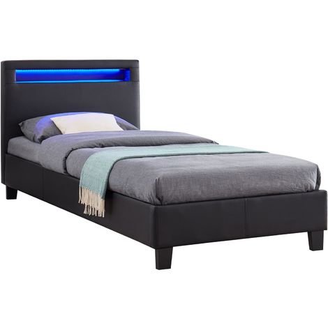 Lit LED simple 90x190 cm avec sommier, tête de lit confortable, lit 1 place revêtement synthétique noir, LUCENO