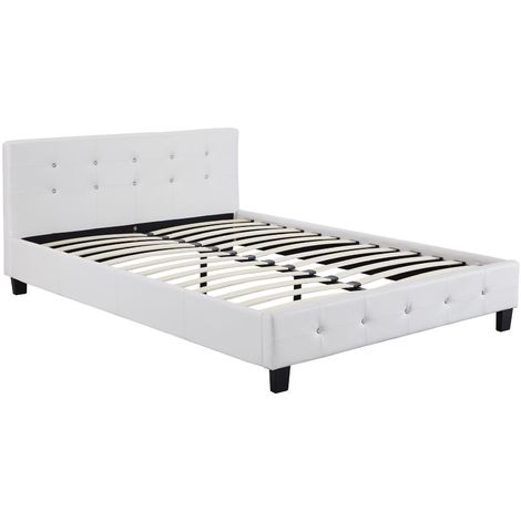 Lit double pour adulte mathieu avec sommier 140x190 cm 2 places, 2 personnes,  tête et pied de lit capitonnés, en tissu beige - Conforama