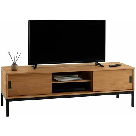 Idimex – Meuble TV Selma – 2 portes coulissantes – Bois massif teinté brun clair – Compartiments avec étagères réglables – Design élégant (1/5)