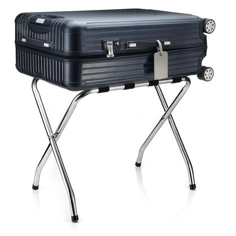 IDIMEX Porte-Valise Voyage en métal chromé, support-Bagages Accessoire de Chambre hôtel pour Sac de Voyage et Valise, support Valise Pliable avec 7 Sangles de Maintien