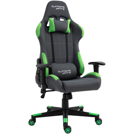 Chaise de bureau gaming SWIFT fauteuil ergonomique avec coussins, siège style racing racer gamer chair, revêtement tissu gris/vert