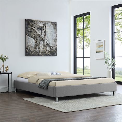 Lit futon double pour adulte NIZZA queen size 160x200 cm 2 places / 2 personnes, avec sommier et pieds métal chromé, tissu gris