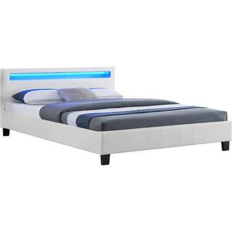 Lit double pour adulte PINOT avec sommier 140x190 cm 2 places 2 personnes, tête de lit avec LED intégrées, en synthétique blanc - Blanc