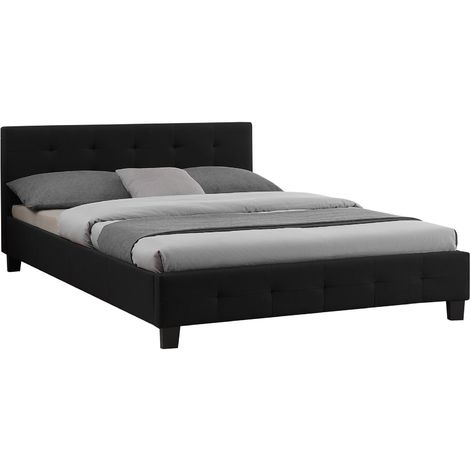 Lit double pour adulte MATHIEU avec sommier 140x190 cm 2 places / 2  personnes, tête et pied de lit capitonnés, en tissu noir