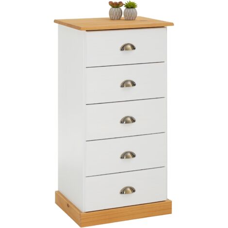 Idimex – Chiffonnier Paris 5 tiroirs en pin massif – Dimensions monté 95 x 48 x 39 cm – Lasuré blanc et brun – Poignées coquille en métal bronze