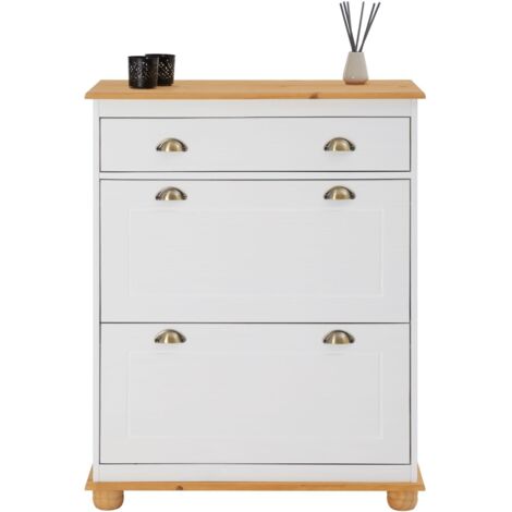 Meuble à Chaussures En Bois Avec 2 Portes Et 1 Tiroir - Dimensions L60 X P32 X H90 Cm - Blanc, Gris, Bois - Pour Entrée, Couloir