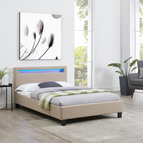 Lit LED simple 120x190 cm avec sommier, tête de lit confortable, lit 1 place revêtement en tissu beige, MARISELA