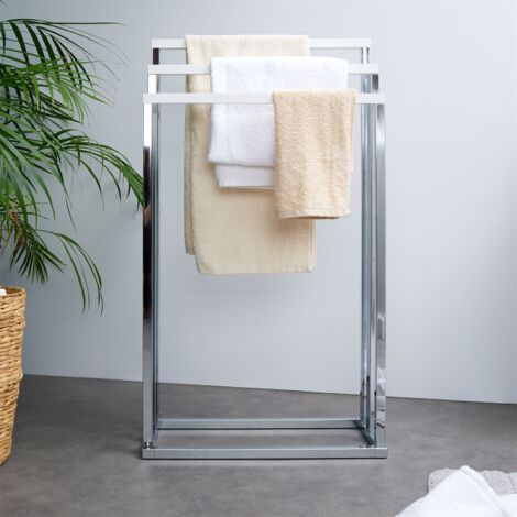 Porte-serviettes sur pied KUNO portant pour vêtements et linge de salle de  bain avec 3 niveaux d'étendage, structure en métal noir