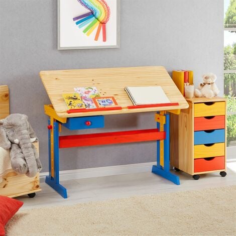 Bureau enfant écolier junior FLEXI table à dessin réglable en hauteur et  pupitre inclinable avec 1 tiroir en pin lasuré multicolore