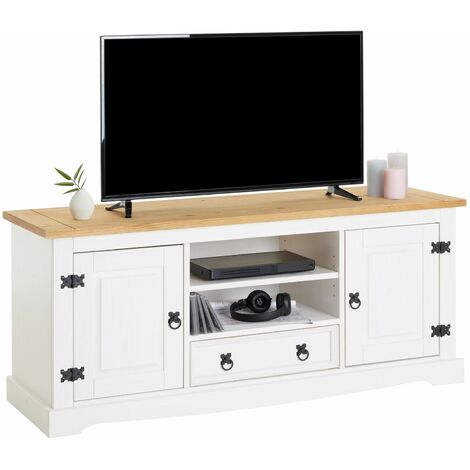 Idimex – Meuble TV en pin massif blanc et brun – 1 tiroir, 2 niches avec passe-câble – Dimensions 61 x 140 x 47 cm