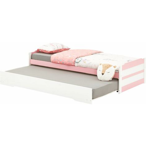Idimex – Lit escamotable blanc/rose 90x190 cm – Tiroir-lit intégré – Hauteur pan de lit 34 cm – Adapté aux sommiers roulés
