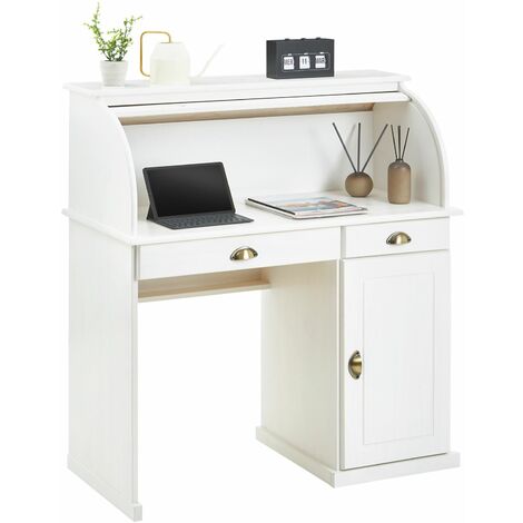 Idimex – Bureau secrétaire TOM 113x102x50 cm – Pin massif lasuré blanc – 2 tiroirs et 1 porte – Design maison de campagne