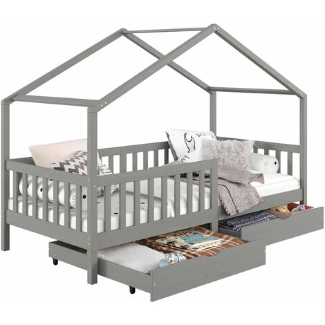 Idimex – Lit cabane 90x200 cm en pin massif gris – 2 tiroirs modulables – Barrière de sécurité – Structure en forme de maisonnette (1/5)