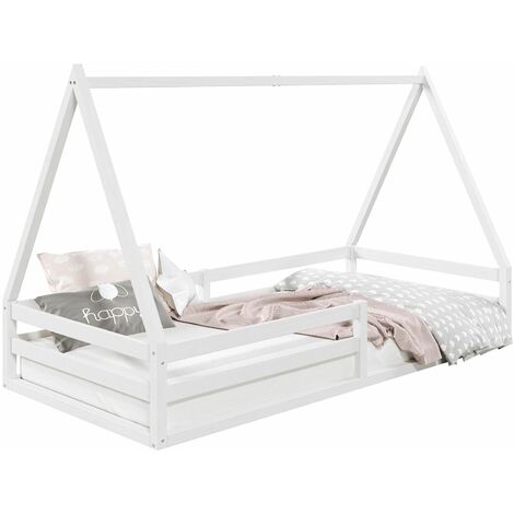 Idimex – Lit cabane enfant 90x200 cm en pin massif lasuré blanc – Barrières de protection modulables – Inspiré des lits Montessori (1/5)