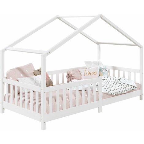 Idimex – Lit cabane blanc 90x200 cm – Structure en pin massif – Design maisonnette – Couchage proche du sol pour autonomie enfant (1/5)