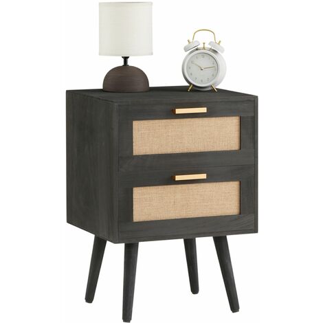 Idimex – Table de chevet 2 tiroirs en bois de paulownia lasuré noir – Dimensions tiroirs 36x15x23 cm – Style vintage et bohème – Pieds en compas (1/5)