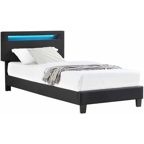 Idimex – Lit simple noir 90x190 cm avec éclairage LED – Tête de lit réglable 3 positions – Sommier à lattes inclus – Tissu capitonné