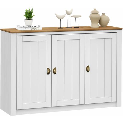Idimex – Buffet salle à manger Bolton 130 cm en bois massif – 3 portes battantes – Finition lasure blanche et brune – 5 étagères (1/5)