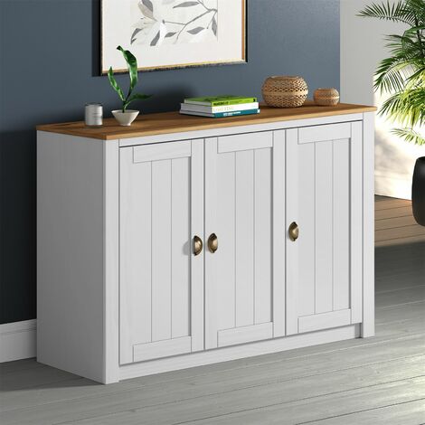 Buffet Paulo Blanc 93 Cm – Meuble Rangement Pin Massif 2 Portes 2 Tiroirs 2 Étagères, Style Scandinave Pour Salle à Manger, Cuisine Ou Salon