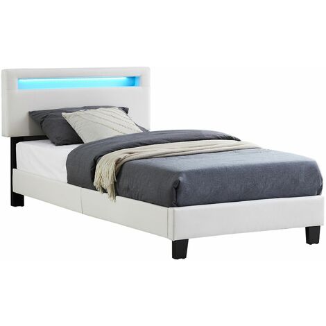 Idimex – Lit LED simple 90x190 cm avec sommier à lattes – Revêtement tissu 100% polyester – Hauteur réglable 91/96/101 cm – Éclairage LED intégré