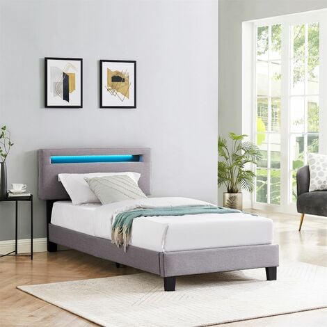 Lit LED simple AUSTIN 90x190 cm, avec sommier, revêtement en tissu gris