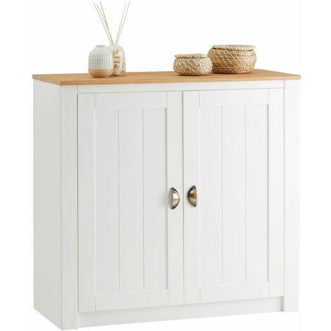 Idimex – Buffet salle à manger Bolton 91 cm – Bois massif blanc et brun – 2 tiroirs et 4 tablettes – Style classique intemporel (1/5)