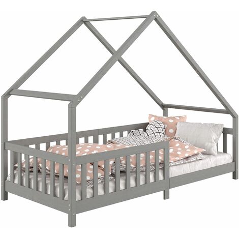 Idimex – Lit cabane asymétrique 90 x 190 cm en pin massif lasuré gris – Barrière de protection modulable – Design adapté aux espaces mansardés - CORA 90 X