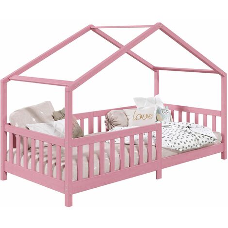 Idimex – Lit cabane rose 90x190 cm – Structure en pin massif – Design en forme de maisonnette – Barrière modulable droite ou gauche (1/5)