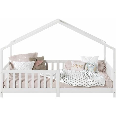 Lit cabane LISAN 90 x 190 cm, en pin massif lasuré blanc