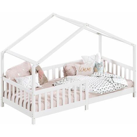 Lit cabane LISAN 90 x 190 cm, en pin massif lasuré blanc
