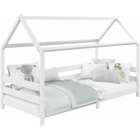 Idimex – Lit cabane 90 x 190 cm en pin massif lasuré blanc – Barrières de protection sur 3 côtés – Assemblage facile avec notice incluse - FINA 90 X (1/5)