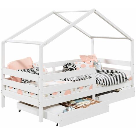 Idimex – Lit cabane 90 x 190 cm avec 2 tiroirs – Pin massif lasuré blanc – Barrière modulable – Assemblage facile