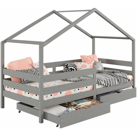Idimex – Lit cabane avec tiroirs 90 x 190 cm – Pin massif lasuré gris – Barrières de protection modulables – Structure décorative en forme de maison