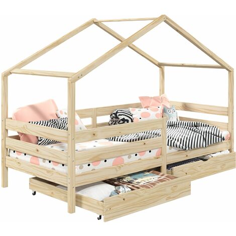 Idimex – Lit cabane 90 x 190 cm avec 2 tiroirs – Pin massif naturel – Barrières de protection modulables – Assemblage facile