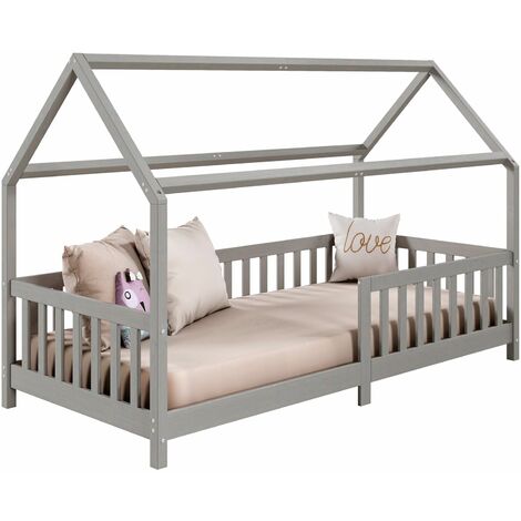 Idimex – Lit cabane NINA 90 x 190 cm – Structure en pin massif lasuré gris – Barrières modulables pour sécurité – Assemblage facile