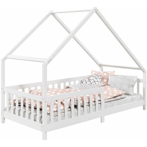 Idimex – Lit cabane asymétrique 90 x 190 cm – Pin massif lasuré blanc – Barrière modulable – Design adapté aux espaces mansardés - CORA 90 X