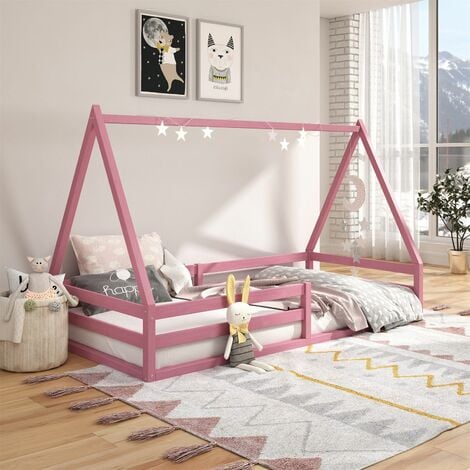 Lit cabane SILA 90 x 190 cm, en pin massif rose