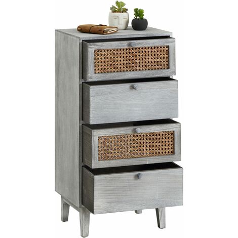 Chiffonnier 4 Tiroirs En Bois Paulownia Shabby Chic Blanc Gris | Dimensions 27x29x63 Cm | Neuf