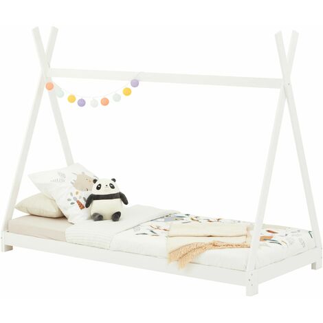 Idimex – Lit cabane tipi 90x190 cm – Structure en pin massif lasuré blanc – Lit Montessori avec barre de renfort – Assemblage facile